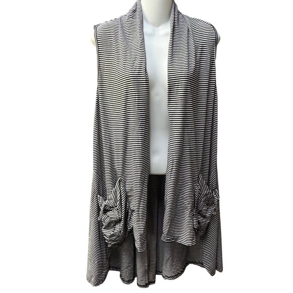 Nyah Women’s Striped Open-Front Sleeveless Cardigan Sz Large Black White Pockets - Picture 1 of 10